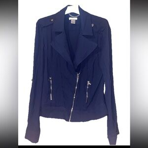 Vintage Cache Women’s Jacket Shirt Navy Blue Zipper w/Pockets sz 8 Sheer Back